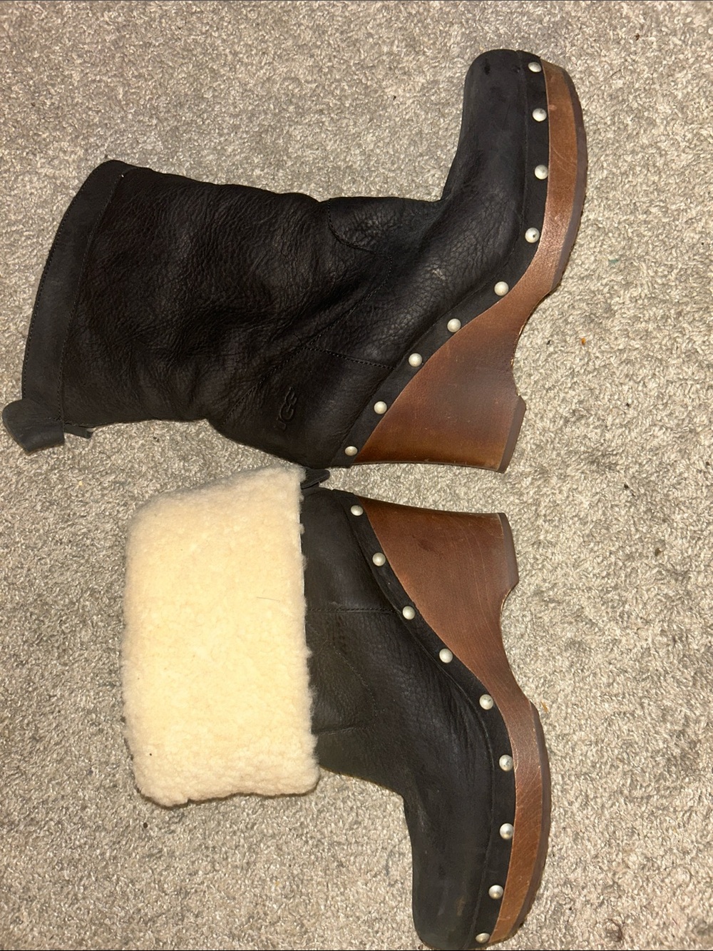 UGG Black Leather Shearling Clog Wedges with Stud Trim